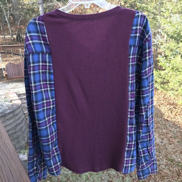 Upcycled Plaid And Waffle Knit Pullover: Oversized Plum Long Sleeved Flannel Tee - Picture 5 of 11